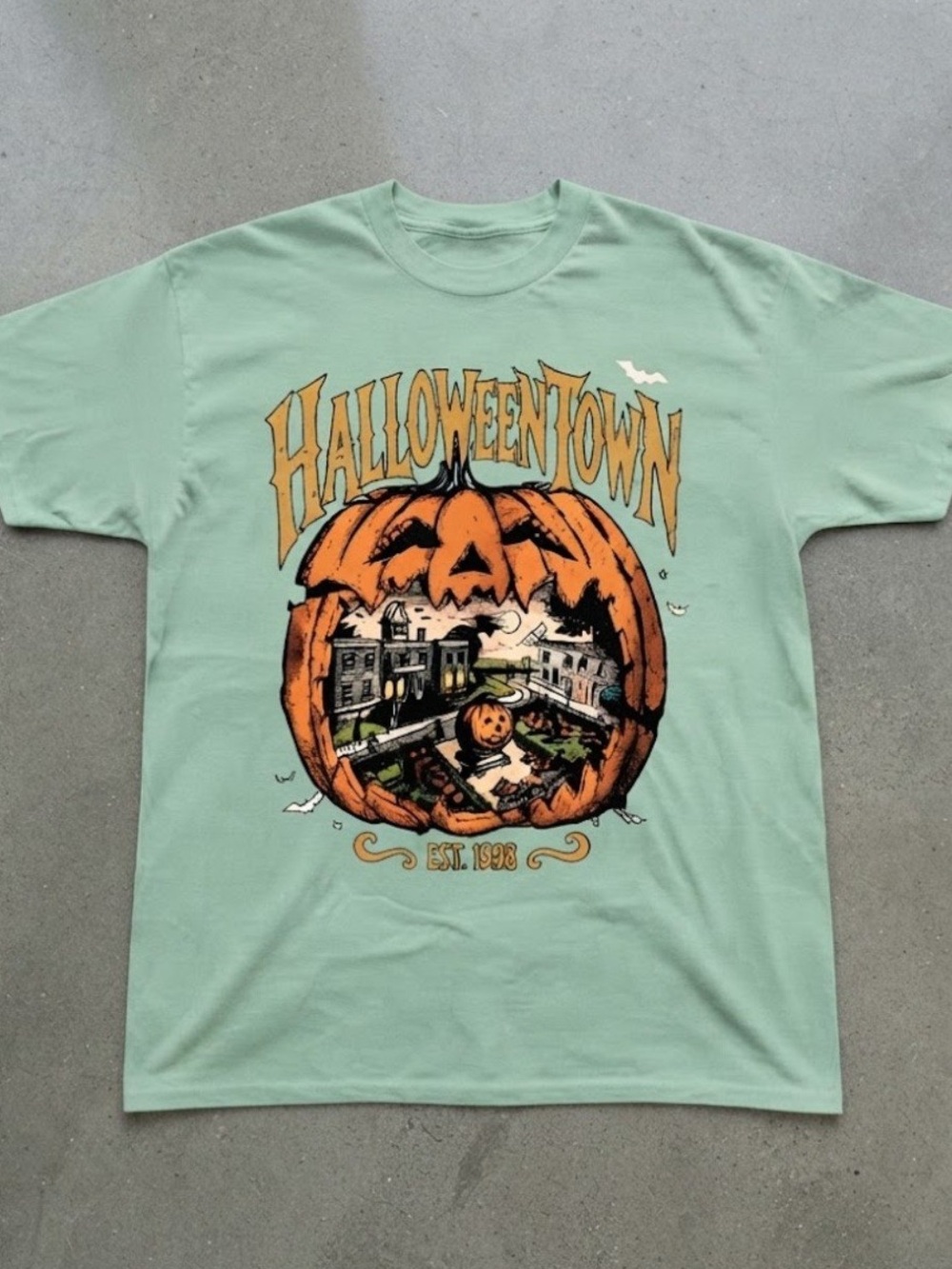 Halloweentown Pumpkin Carving Estate Graphic Mint Green Gildan T-Shirt